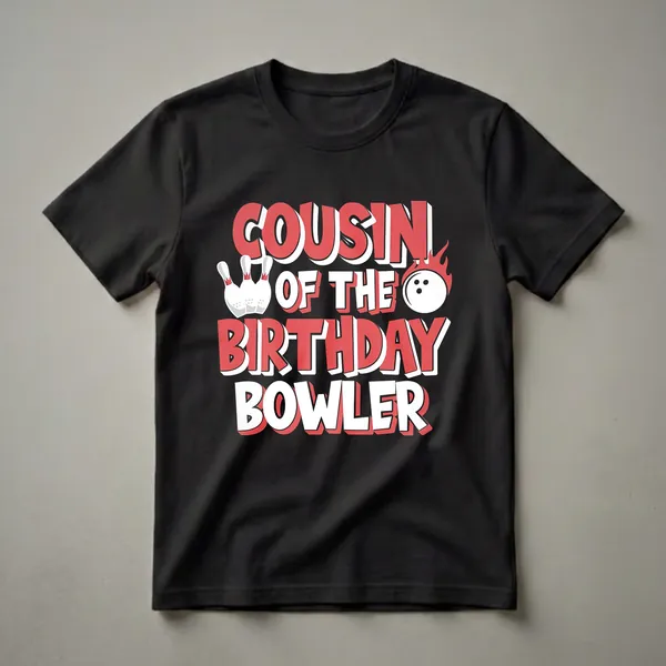 Black t-shirt with bold red and white text reading 'Cousin Of The Birthday Bowler' and featuring graphics of bowling pins and a flaming bowling ball.