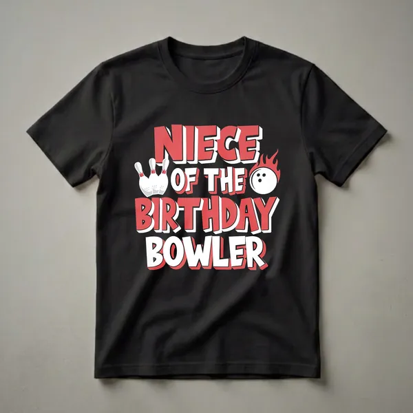 Black t-shirt with bold red and white text reading 'NIECE OF THE BIRTHDAY BOWLER' with graphics of bowling pins and a flaming bowling ball.
