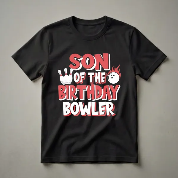 Black t-shirt with red and white text reading 'SON OF THE BIRTHDAY BOWLER' with graphics of bowling pins and a flaming bowling ball.