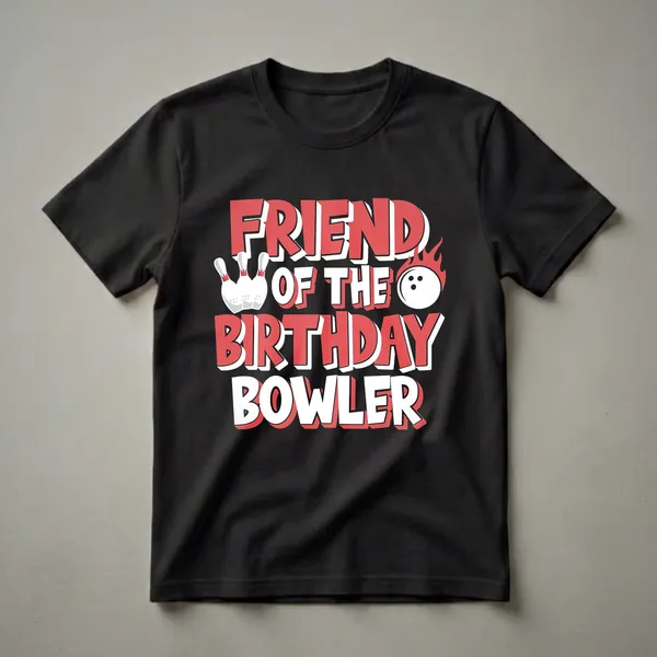 Black t-shirt with bold red and white text reading "FRIEND OF THE BIRTHDAY BOWLER" and graphics of bowling pins and a flaming bowling ball.