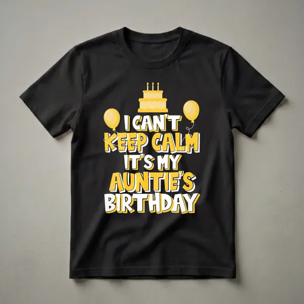 Black t-shirt with yellow and white text that reads 'I Can't Keep Calm It's My Auntie's Birthday', featuring a yellow birthday cake and two yellow balloons.