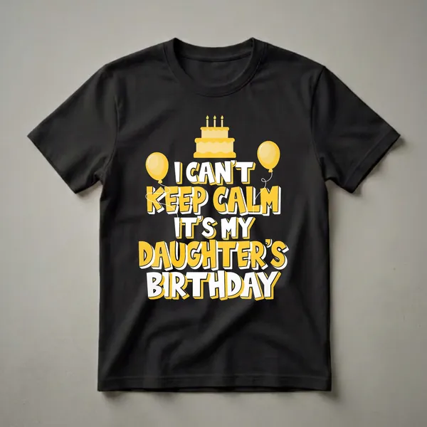 Black t-shirt with bold yellow and white text that reads 'I CAN'T KEEP CALM IT'S MY DAUGHTER'S BIRTHDAY', featuring a yellow birthday cake with candles and two yellow balloons.