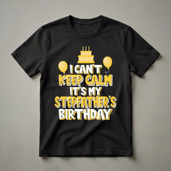 Black t-shirt with bold yellow and white text that reads 'I Can't Keep Calm It's My Stepfather's Birthday', accompanied by a yellow birthday cake with candles and two yellow balloons.