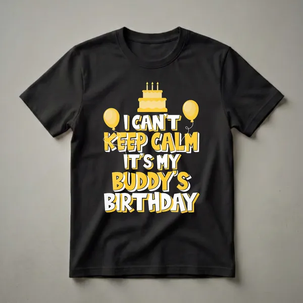 Black t-shirt with yellow and white text that reads 'I Can't Keep Calm It's My Buddy's Birthday', a yellow birthday cake with three candles, and two yellow balloons.