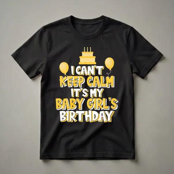 Black t-shirt with yellow and white text that says 'I CAN'T KEEP CALM IT'S MY BABY GIRL'S BIRTHDAY', a yellow birthday cake with candles, and two yellow balloons.