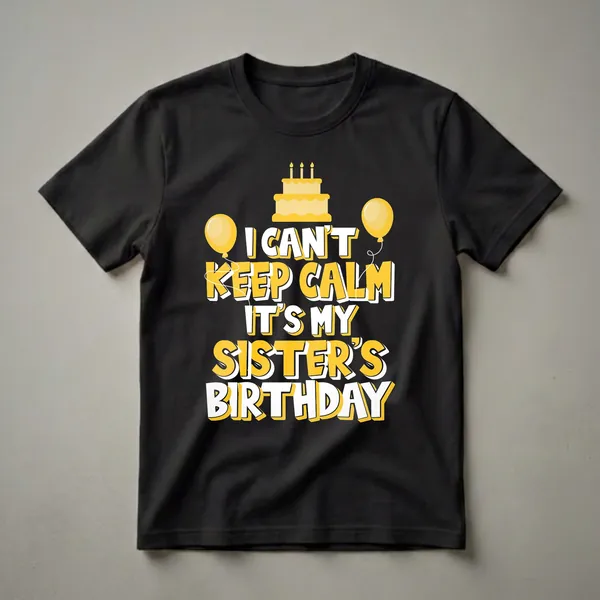Black t-shirt with bold yellow and white text that reads 'I Can't Keep Calm It's My Sister's Birthday', featuring a yellow birthday cake with candles and two yellow balloons.