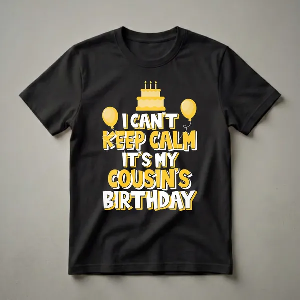 Black t-shirt with yellow and white text that reads 'I Can't Keep Calm It's My Cousin's Birthday', featuring a yellow birthday cake and two yellow balloons.