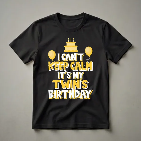 Black t-shirt with yellow and white text that reads 'I CAN'T KEEP CALM IT'S MY TWIN'S BIRTHDAY', featuring two yellow balloons and a yellow birthday cake with three candles.