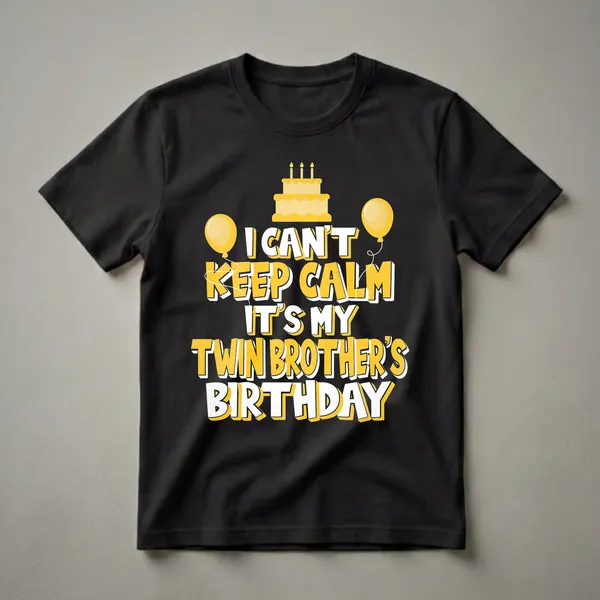 Black t-shirt with a graphic design that says 'I CAN'T KEEP CALM IT'S MY TWIN BROTHER'S BIRTHDAY', featuring a yellow birthday cake with candles and two yellow balloons.