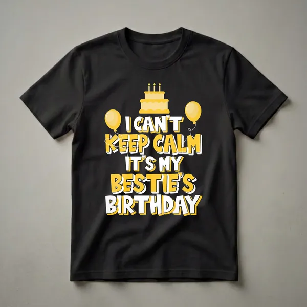Black t-shirt with yellow and white text that reads 'I Can't Keep Calm It's My Bestie's Birthday', featuring a yellow birthday cake with candles and two yellow balloons.