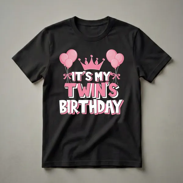 Black t-shirt with pink and white text that reads 'IT'S MY TWIN'S BIRTHDAY', adorned with pink balloons and a pink crown.