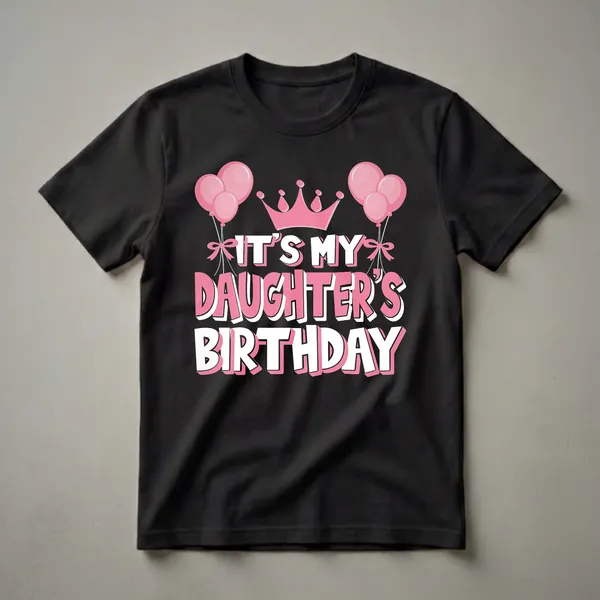Black t-shirt with pink and white text that reads 'IT'S MY DAUGHTER'S BIRTHDAY', topped with a pink crown and flanked by pink balloons.