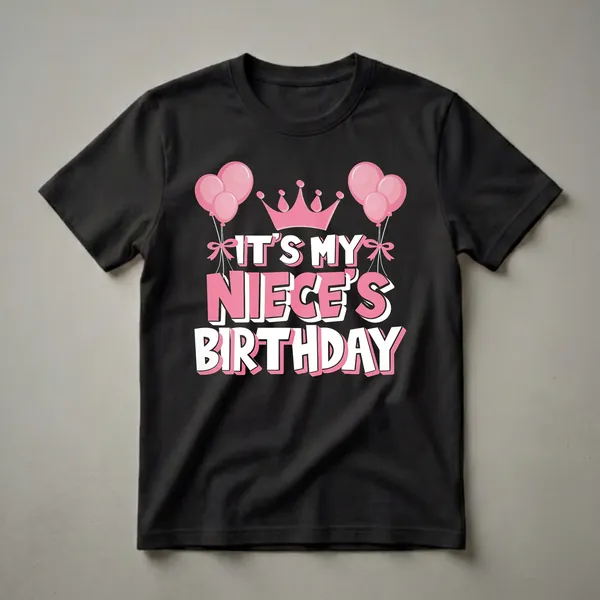 Black t-shirt with pink and white text that reads 'IT'S MY NIECE'S BIRTHDAY', topped with a pink crown and flanked by pink balloons.