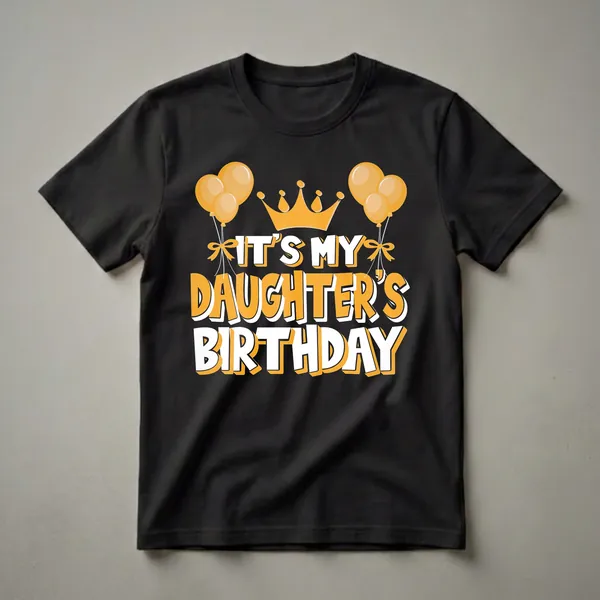 Black t-shirt with orange and white text that reads 'IT'S MY DAUGHTER'S BIRTHDAY', topped with a golden crown and flanked by orange balloons.
