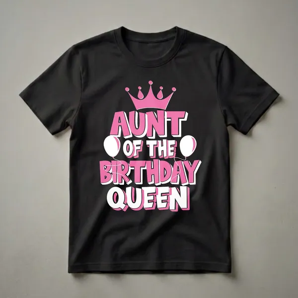 Black t-shirt with pink and white text that reads 'Aunt of the Birthday Queen' with a pink crown and two white balloons.
