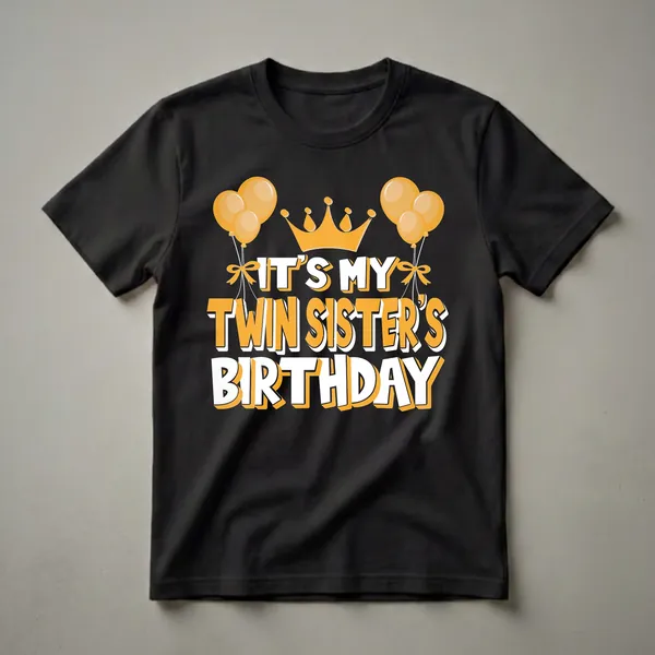 Black t-shirt with orange and white text that reads 'IT'S MY TWIN SISTER'S BIRTHDAY', topped with a golden crown and flanked by orange balloons.