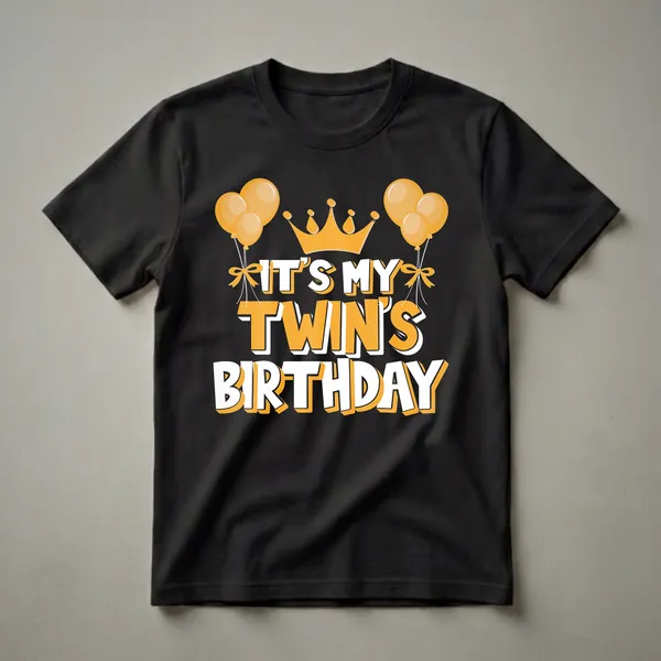 Black t-shirt with orange and white text that reads 'IT'S MY TWIN'S BIRTHDAY', topped with a golden crown and flanked by orange balloons.