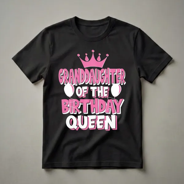 A black t-shirt graphic with pink and white text that reads 'GRANDDAUGHTER OF THE BIRTHDAY QUEEN', topped with a pink crown and flanked by two white balloons.