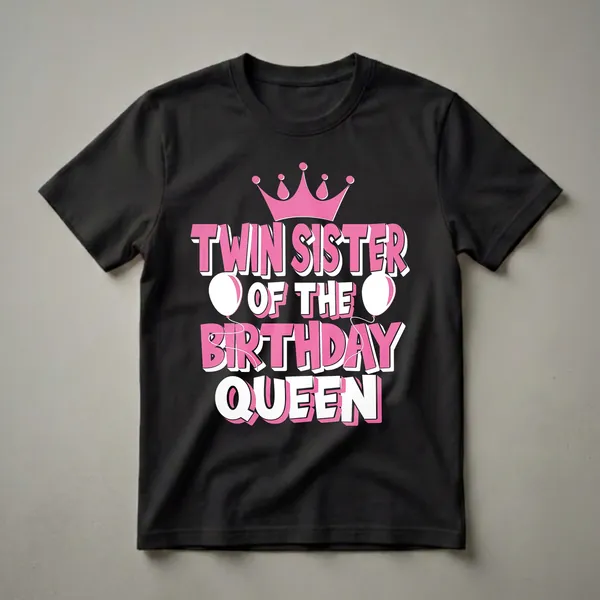 Black t-shirt with pink and white text that reads 'Twin Sister Of The Birthday Queen', topped with a pink crown and flanked by two white balloons.