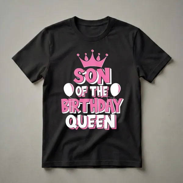 Black t-shirt with pink and white text that reads 'SON OF THE BIRTHDAY QUEEN', featuring a pink crown and two white balloons with pink accents.