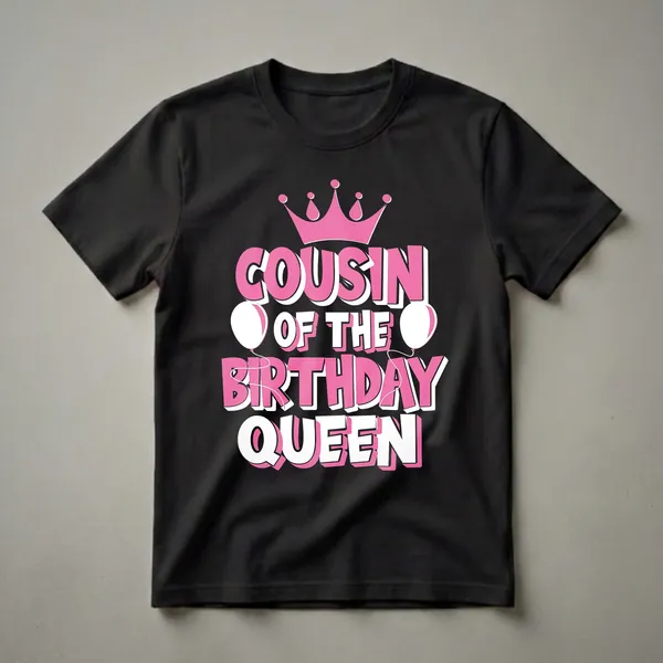 Black t-shirt with pink and white text that reads 'COUSIN OF THE BIRTHDAY QUEEN' with a pink crown and two white balloons.