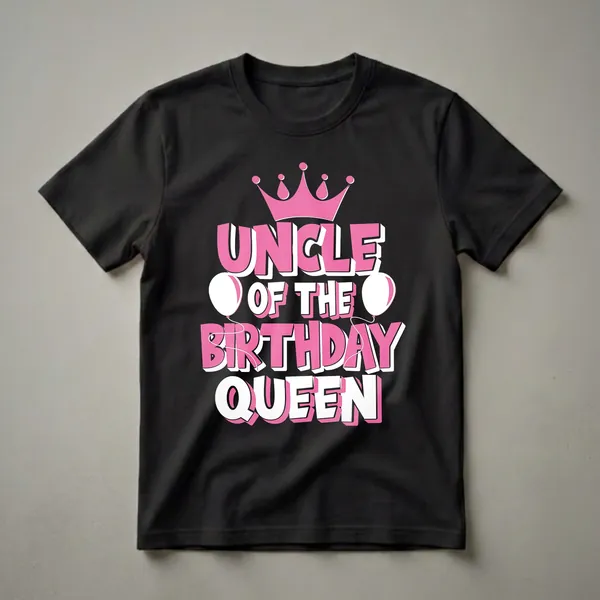 Black t-shirt with pink and white text that reads 'UNCLE OF THE BIRTHDAY QUEEN' with a pink crown and two white balloons.