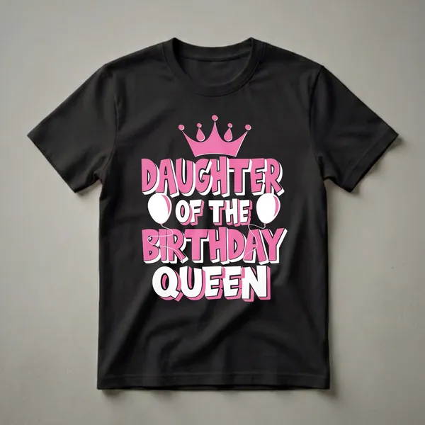 Black t-shirt with pink and white text that reads 'DAUGHTER OF THE BIRTHDAY QUEEN', topped with a pink crown and flanked by white balloons.
