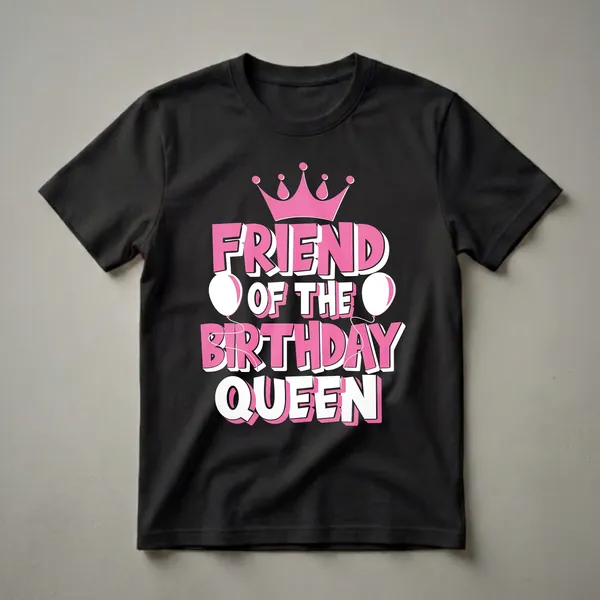 Black t-shirt with pink and white text reading "FRIEND OF THE BIRTHDAY QUEEN," a pink crown, and two white balloons with pink accents.