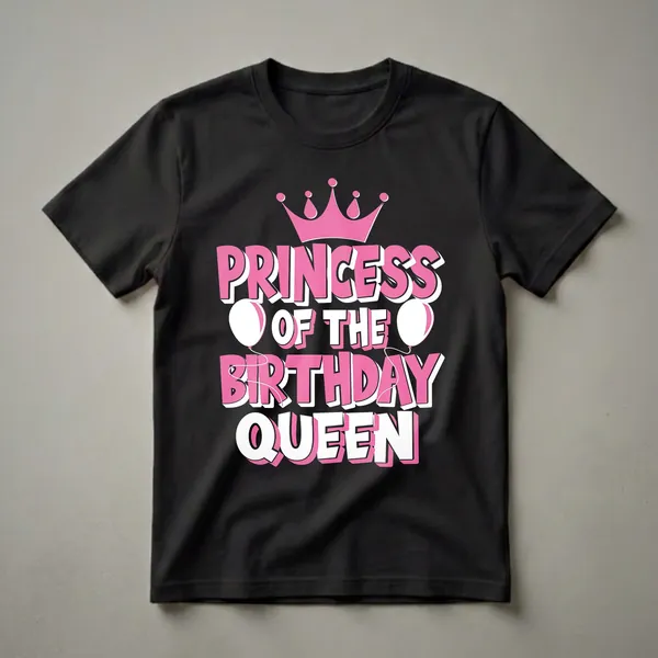 Black t-shirt with pink and white text that reads 'PRINCESS OF THE BIRTHDAY QUEEN', a pink crown, and two white balloons with pink accents.