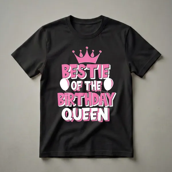 Black t-shirt with pink and white text that reads 'BESTIE OF THE BIRTHDAY QUEEN', topped with a pink crown and flanked by two balloons.
