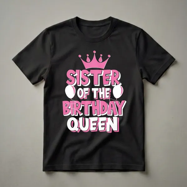 Black t-shirt with pink and white text that reads 'SISTER OF THE BIRTHDAY QUEEN', featuring a pink crown and two white balloons with pink accents.
