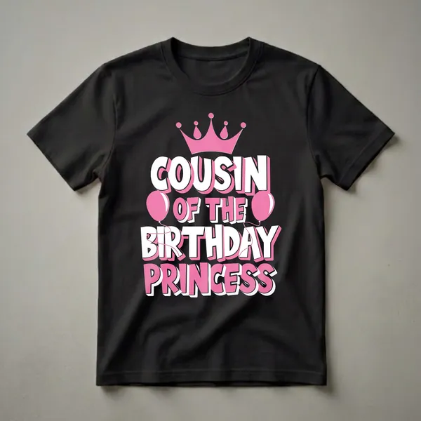 Black t-shirt with the words 'COUSIN OF THE BIRTHDAY PRINCESS' in large pink and white bubble letters, topped with a pink crown and flanked by pink balloons.