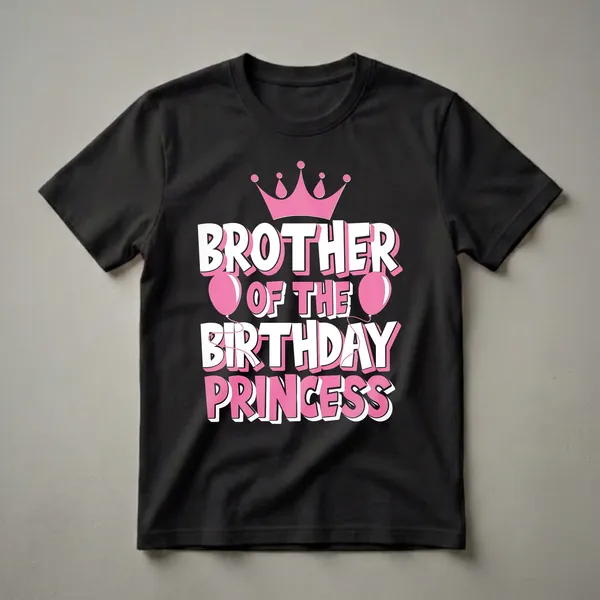 Black t-shirt with white and pink text that reads 'Brother of the Birthday Princess' with a pink crown and pink balloons.