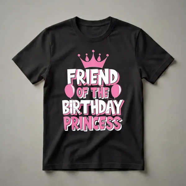Black t-shirt with white and pink text that reads 'FRIEND OF THE BIRTHDAY PRINCESS', topped with a pink crown and flanked by pink balloons.
