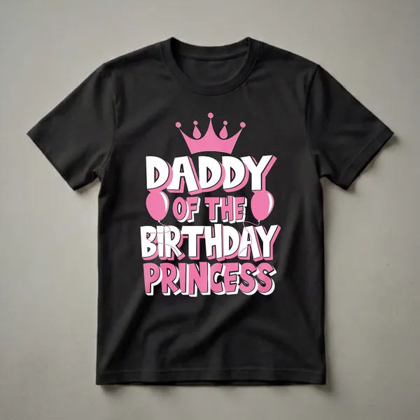 Black t-shirt with white and pink text that reads 'DADDY OF THE BIRTHDAY PRINCESS', topped with a pink crown and flanked by pink balloons.