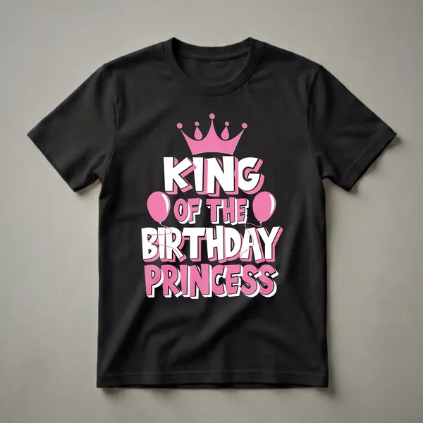 Black t-shirt with white and pink text that reads 'KING OF THE BIRTHDAY PRINCESS', topped with a pink crown and flanked by pink balloons.