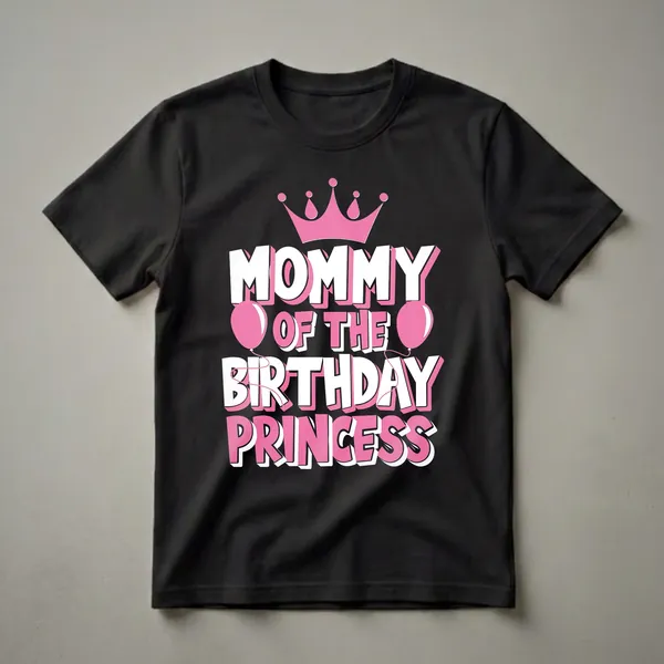 Black t-shirt with white and pink text reading 'Mommy Of The Birthday Princess', a pink crown, and two pink balloons.
