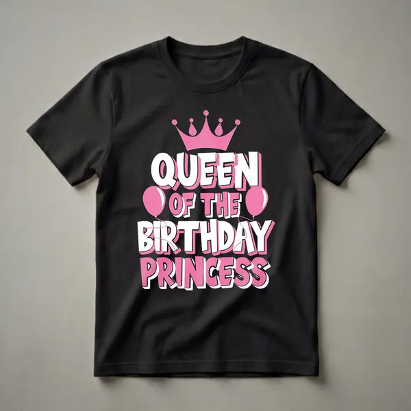 Black t-shirt with pink crown and balloons, featuring white and pink 3D text that reads 'QUEEN OF THE BIRTHDAY PRINCESS'.
