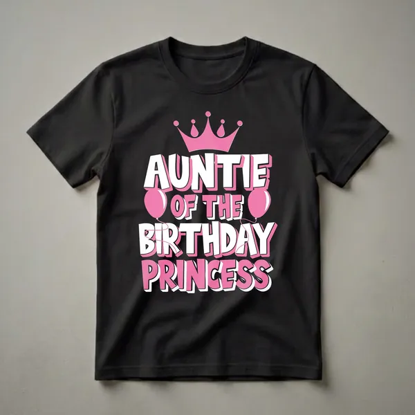 Black t-shirt with white and pink 3D text that reads 'AUNTIE OF THE BIRTHDAY PRINCESS', topped with a pink crown and flanked by pink balloons.