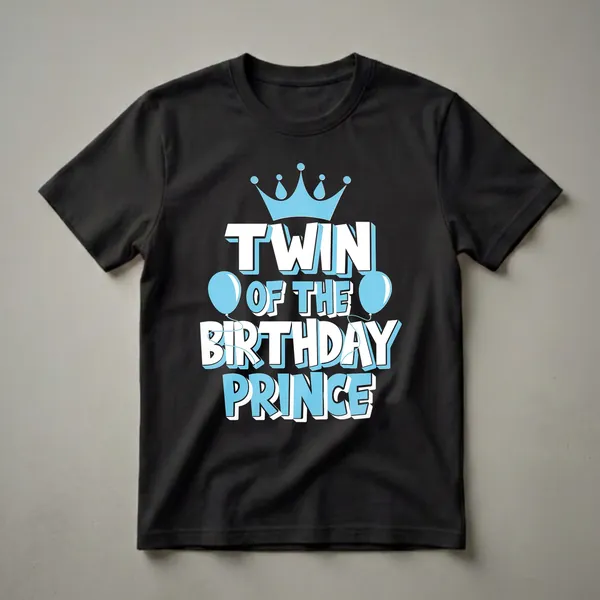 Black t-shirt with light blue and white text that reads "TWIN OF THE BIRTHDAY PRINCE" with a crown and balloons.