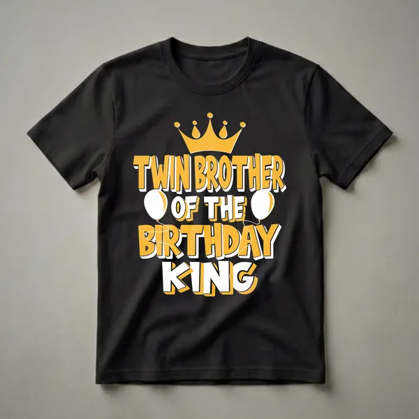 Black t-shirt with yellow and white text that reads 'Twin Brother Of The Birthday King', featuring a golden crown and two white balloons.