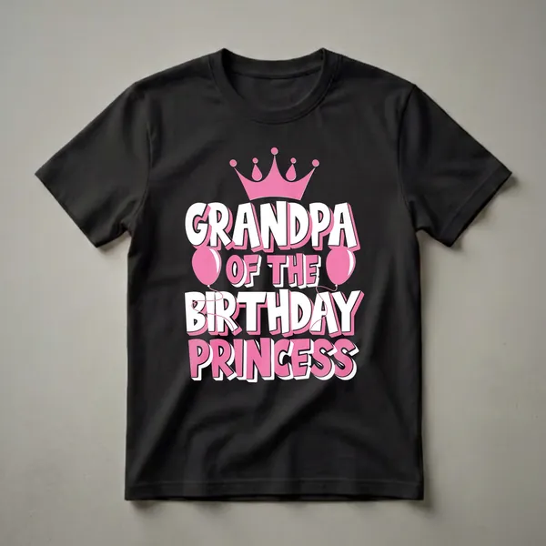 Black t-shirt with white and pink text that reads 'Grandpa Of The Birthday Princess', topped with a pink crown and flanked by pink balloons.