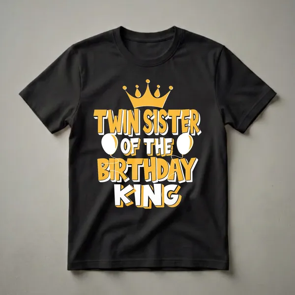 Black t-shirt with yellow and white text that reads 'TWIN SISTER OF THE BIRTHDAY KING' with a golden crown and two white balloons.