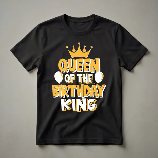 Black t-shirt with yellow and white 3D text that reads 'QUEEN OF THE BIRTHDAY KING', topped with a golden crown and flanked by white balloons.