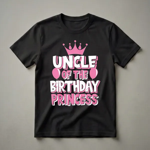 Black t-shirt with white and pink 3D text that reads 'UNCLE OF THE BIRTHDAY PRINCESS', featuring a pink crown and pink balloons.