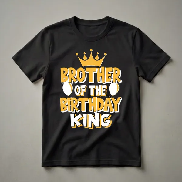 Black t-shirt with yellow and white text that reads 'Brother of the Birthday King' with a yellow crown and white balloons.