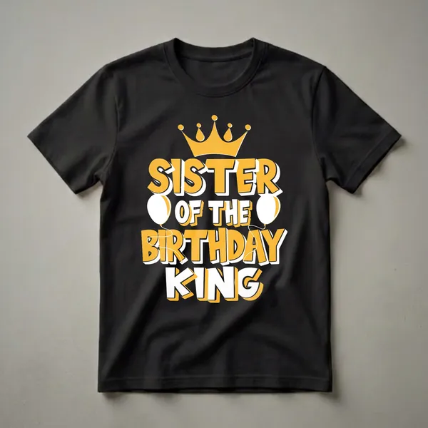 Black t-shirt with yellow and white text that reads "Sister of the Birthday King" with a yellow crown and two white balloons.