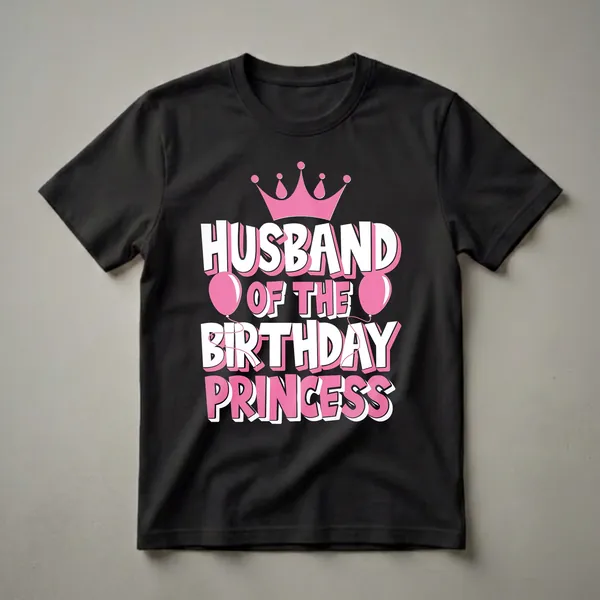 Black t-shirt with white and pink 3D text that reads 'Husband Of The Birthday Princess', topped with a pink crown and flanked by pink balloons.
