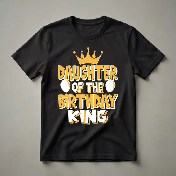 Black t-shirt with yellow and white text that reads 'Daughter of the Birthday King,' featuring a golden crown and two white balloons.