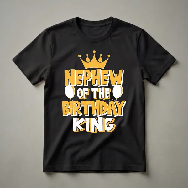 Black t-shirt with yellow text that reads 'NEPHEW OF THE BIRTHDAY KING' in bold letters, topped with a golden crown and flanked by two white balloons.